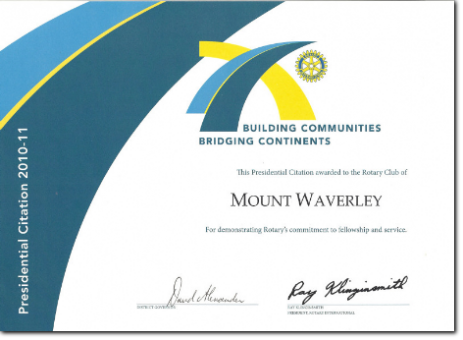 Presidential Citation Mount Waverley Rotary Club 2010 - 2011  